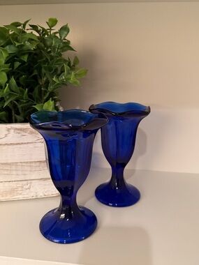 Cobalt Blue Art Glass Vase Ice Cream Sundae Parfait Cup Dish Candle Holder VTG.